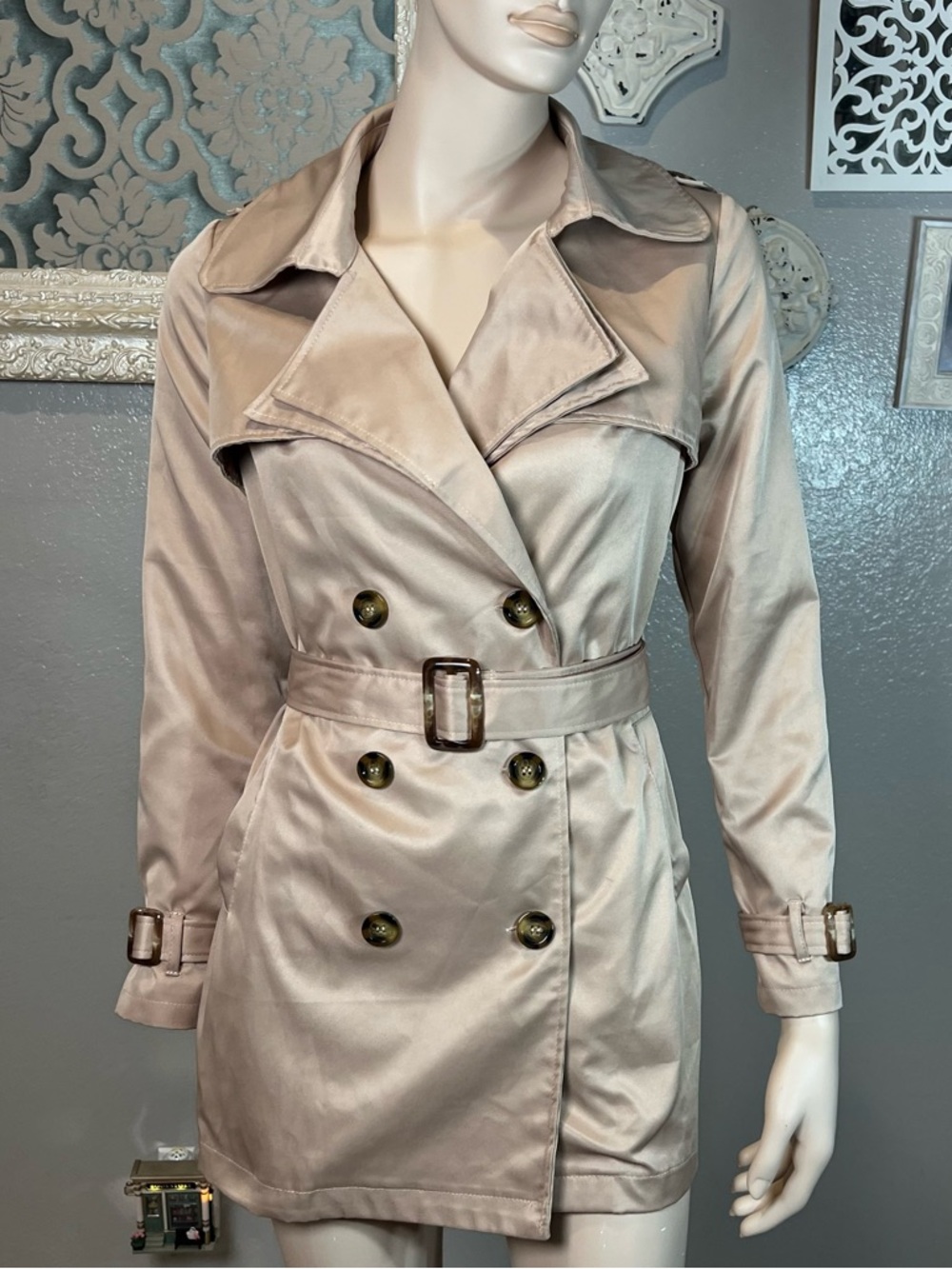 Women's Double-Breasted Satin Trench Coat - Tan Taupe